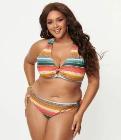 Swimwear Unique Vintage Plus Size Serape Stripe Give Us A Ring Swim Top