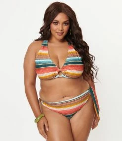 Swimwear Unique Vintage Plus Size Serape Stripe Give Us A Ring Swim Top