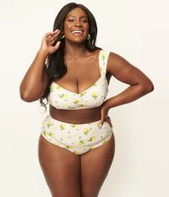 Swimwear Unique Vintage Plus Size Light Pink Stripe & Lemons Daphne Swim Bottoms