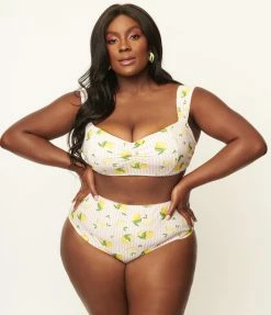 Swimwear Unique Vintage Plus Size Light Pink Stripe & Lemons Daphne Swim Bottoms