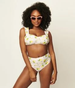 Unique Vintage Light Pink Stripe & Lemons Daphne Swim Bottoms Swimwear