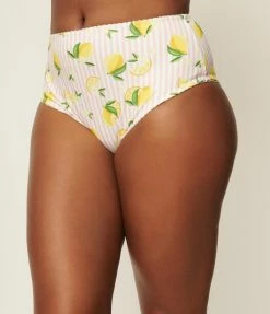 Unique Vintage Light Pink Stripe & Lemons Daphne Swim Bottoms Swimwear
