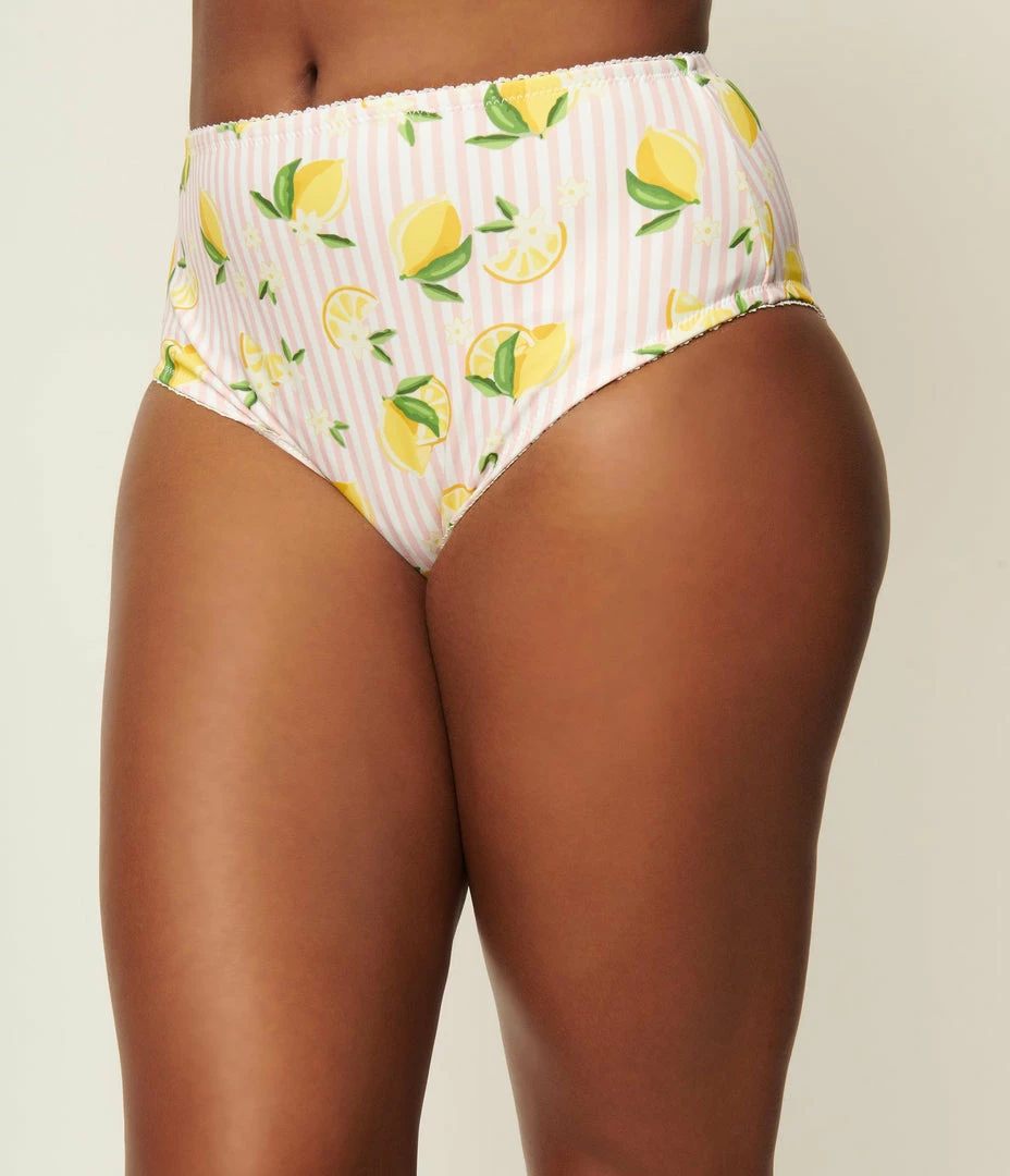Unique Vintage Light Pink Stripe & Lemons Daphne Swim Bottoms Swimwear