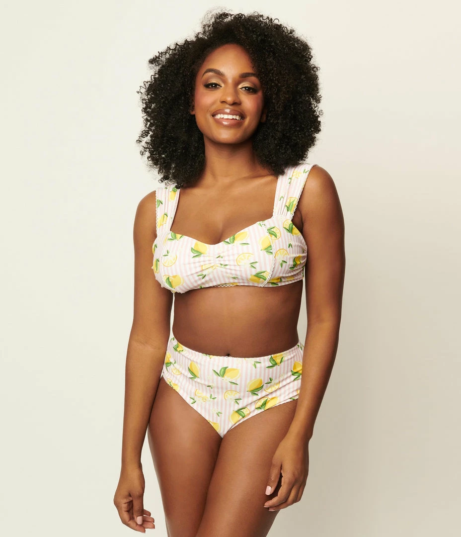 Unique Vintage Light Pink Stripe & Lemons Daphne Swim Bottoms Swimwear