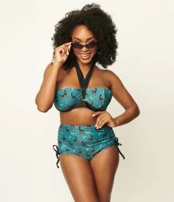 Swimwear Unique Vintage Blue & Spooky Cat Print Provincetown Swim Bottom