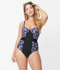 Unique Vintage Purple Lacy Bats Pin-Up Clemente Swimsuit