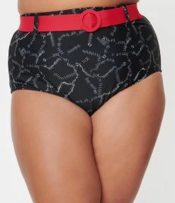 Unique Vintage Plus Size Black Spooky Stitches Belted Redondo Swim Bottoms Swimwear