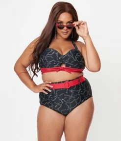 Unique Vintage Plus Size Black Spooky Stitches Belted Redondo Swim Bottoms Swimwear