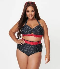 Unique Vintage Plus Size Black Spooky Stitches Belted Redondo Swim Bottoms Swimwear