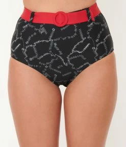 Swimwear Unique Vintage Black Spooky Stitches Belted Redondo Swim Bottoms