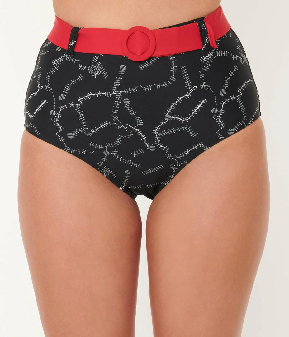 Swimwear Unique Vintage Black Spooky Stitches Belted Redondo Swim Bottoms