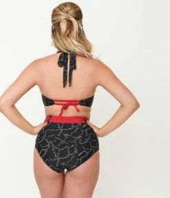 Swimwear Unique Vintage Black Spooky Stitches Belted Redondo Swim Bottoms