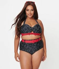 Swimwear Unique Vintage Plus Size Black Spooky Stitches Mrs. West Swim Top