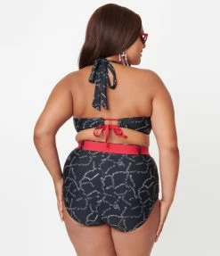 Swimwear Unique Vintage Plus Size Black Spooky Stitches Mrs. West Swim Top
