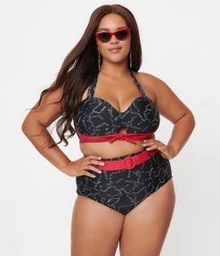 Swimwear Unique Vintage Plus Size Black Spooky Stitches Mrs. West Swim Top