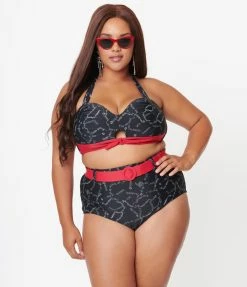 Swimwear Unique Vintage Plus Size Black Spooky Stitches Mrs. West Swim Top