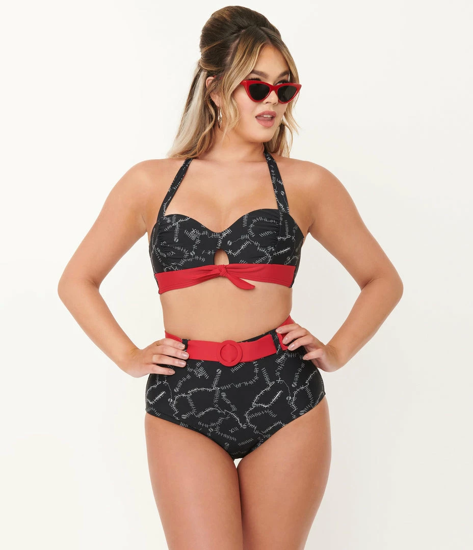 Swimwear Unique Vintage Black Spooky Stitches Mrs. West Swim Top