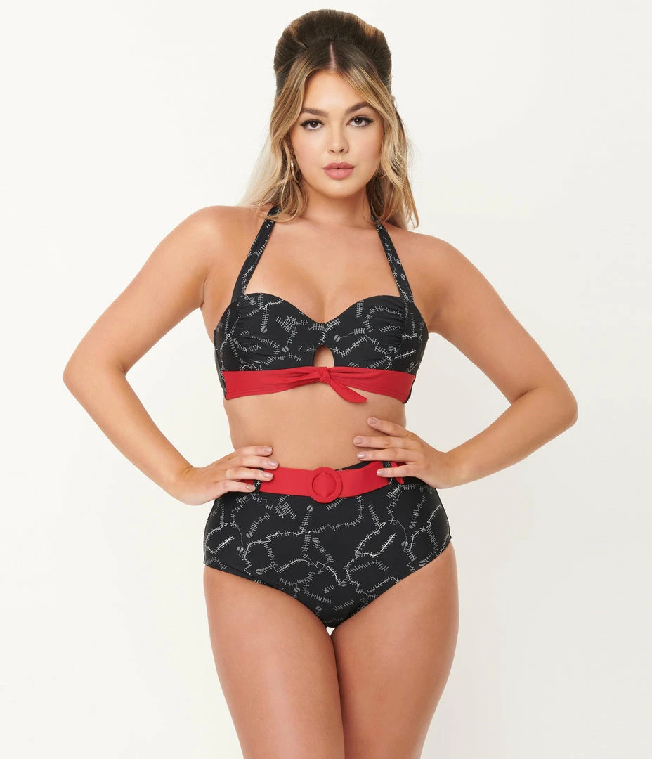 Swimwear Unique Vintage Black Spooky Stitches Mrs. West Swim Top