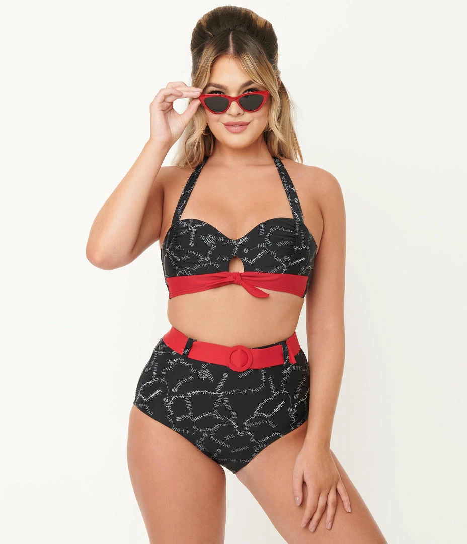 Swimwear Unique Vintage Black Spooky Stitches Mrs. West Swim Top