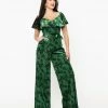 Unique Vintage Green Sparkle & Black Floral Velvet Minnelli Jumpsuit