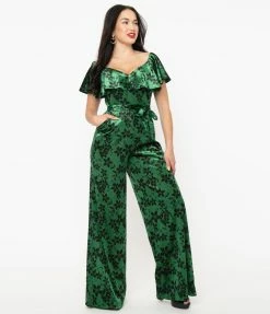 Unique Vintage Green Sparkle & Black Floral Velvet Minnelli Jumpsuit