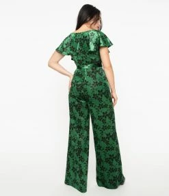 Unique Vintage Green Sparkle & Black Floral Velvet Minnelli Jumpsuit