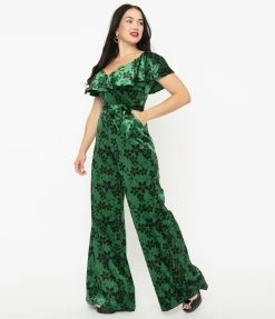 Unique Vintage Green Sparkle & Black Floral Velvet Minnelli Jumpsuit