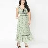Unique Vintage Green Gingham & Black Floral Midi Dress