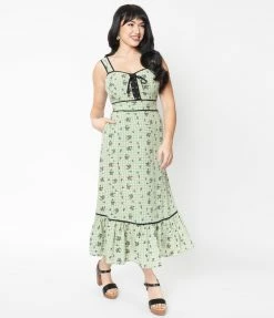 Unique Vintage Green Gingham & Black Floral Midi Dress