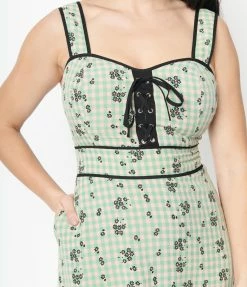 Unique Vintage Green Gingham & Black Floral Midi Dress