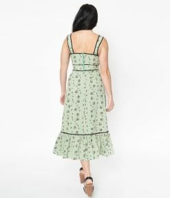Unique Vintage Green Gingham & Black Floral Midi Dress