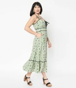 Unique Vintage Green Gingham & Black Floral Midi Dress