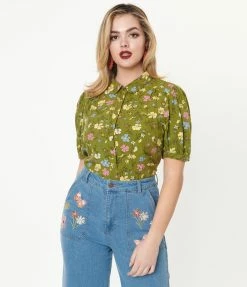 Factory X (Princess Highway) Green & Yellow Floral Blouse Sale