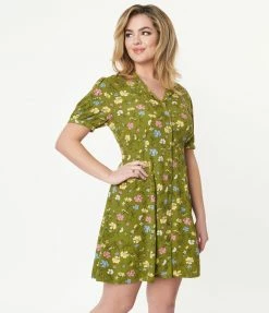 Factory X (Princess Highway) Sale Green & Yellow Floral Fit & Flare Dress
