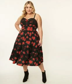 Unique Vintage Plus Size 1950s Black & Red Rose Print Girlie Swing Dress