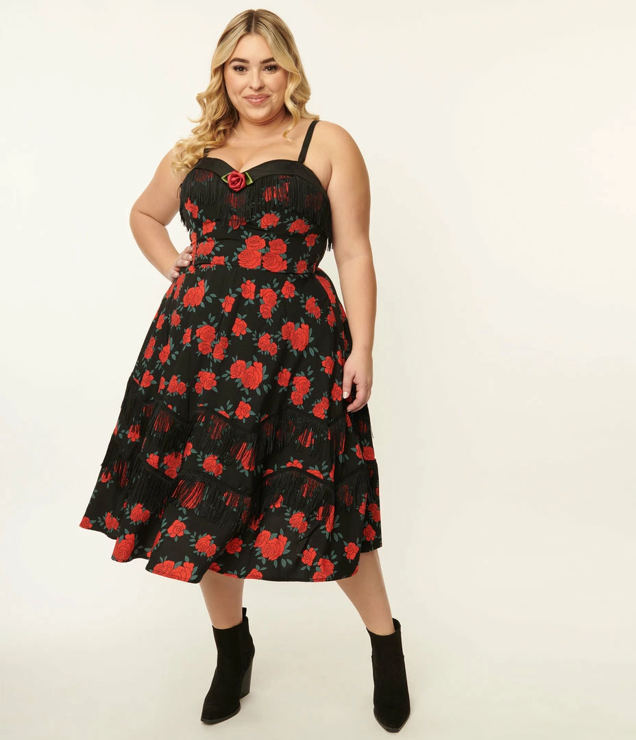 Unique Vintage Plus Size 1950s Black & Red Rose Print Girlie Swing Dress