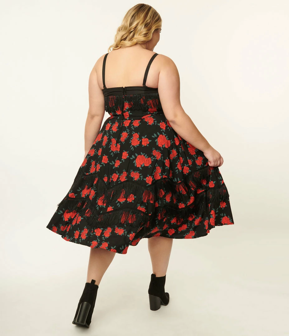 Unique Vintage Plus Size 1950s Black & Red Rose Print Girlie Swing Dress