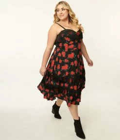 Unique Vintage Plus Size 1950s Black & Red Rose Print Girlie Swing Dress