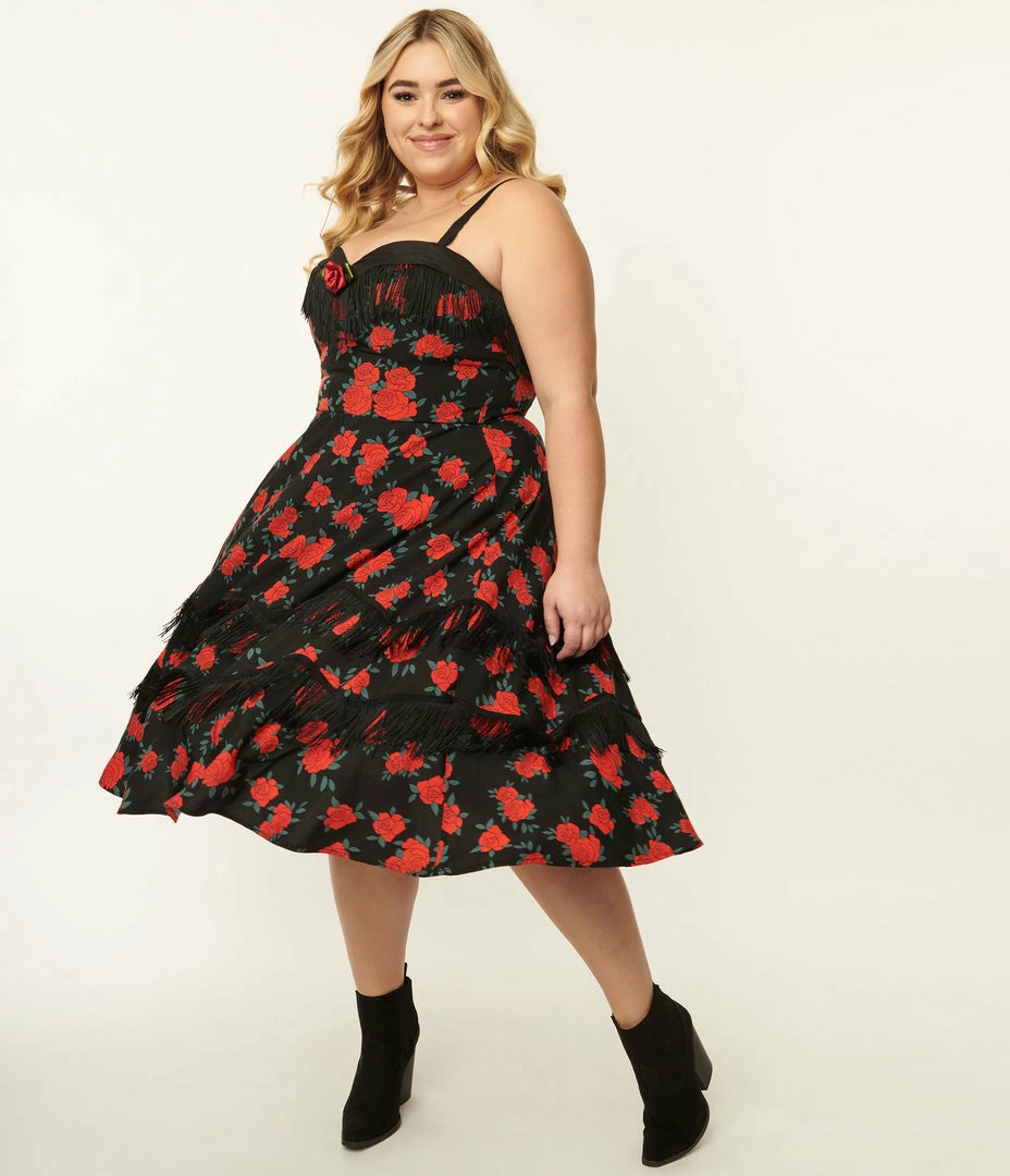 Unique Vintage Plus Size 1950s Black & Red Rose Print Girlie Swing Dress
