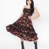 Unique Vintage 1950s Black & Red Rose Print Girlie Swing Dress