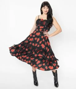 Unique Vintage 1950s Black & Red Rose Print Girlie Swing Dress