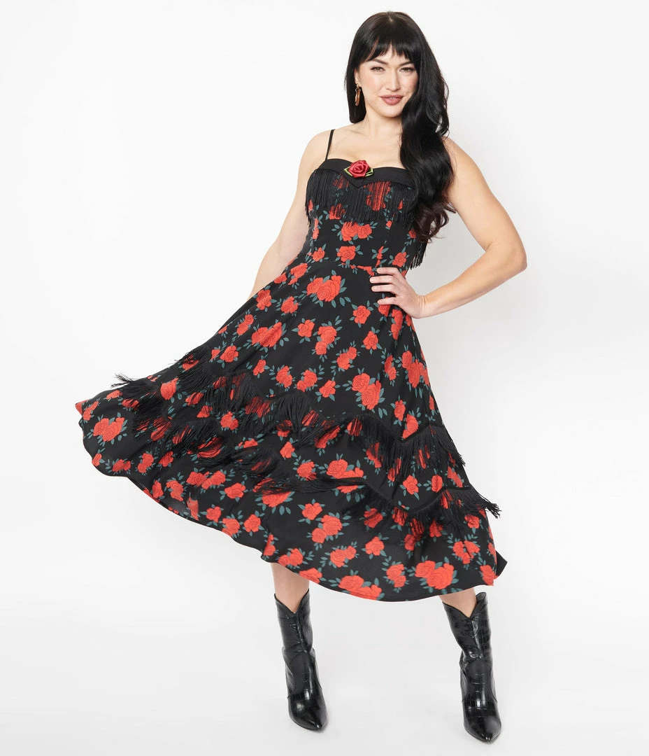 Unique Vintage 1950s Black & Red Rose Print Girlie Swing Dress