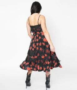 Unique Vintage 1950s Black & Red Rose Print Girlie Swing Dress