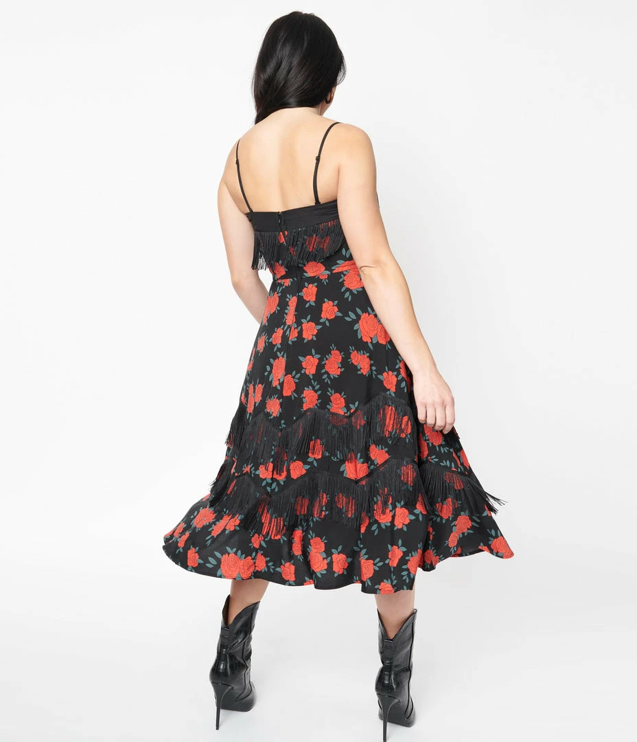 Unique Vintage 1950s Black & Red Rose Print Girlie Swing Dress