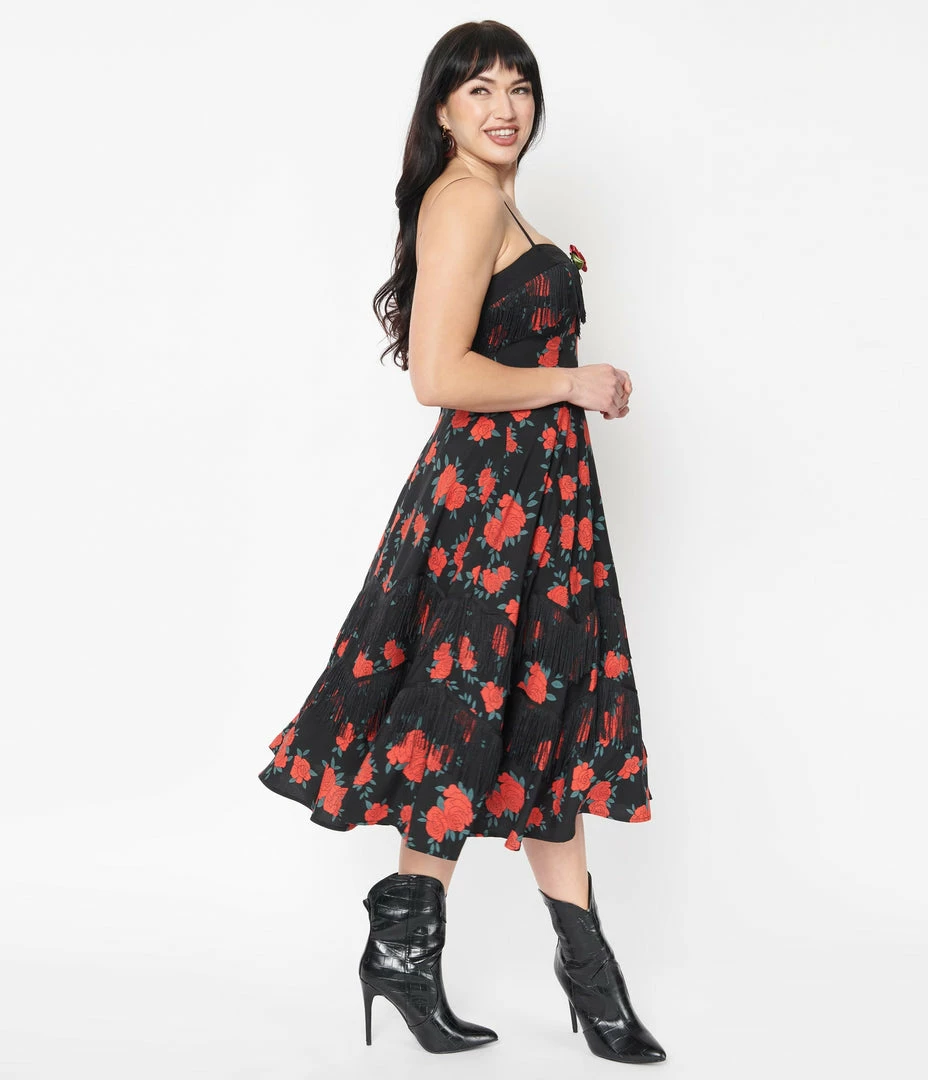 Unique Vintage 1950s Black & Red Rose Print Girlie Swing Dress
