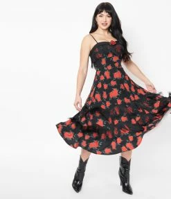 Unique Vintage 1950s Black & Red Rose Print Girlie Swing Dress