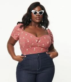 Sale Unique Vintage Plus Size Rose & Pink Tulip Print Nora Top