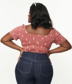 Sale Unique Vintage Plus Size Rose & Pink Tulip Print Nora Top