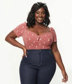 Sale Unique Vintage Plus Size Rose & Pink Tulip Print Nora Top