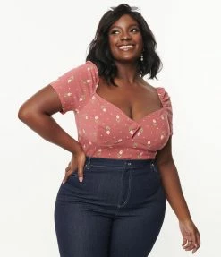 Sale Unique Vintage Plus Size Rose & Pink Tulip Print Nora Top